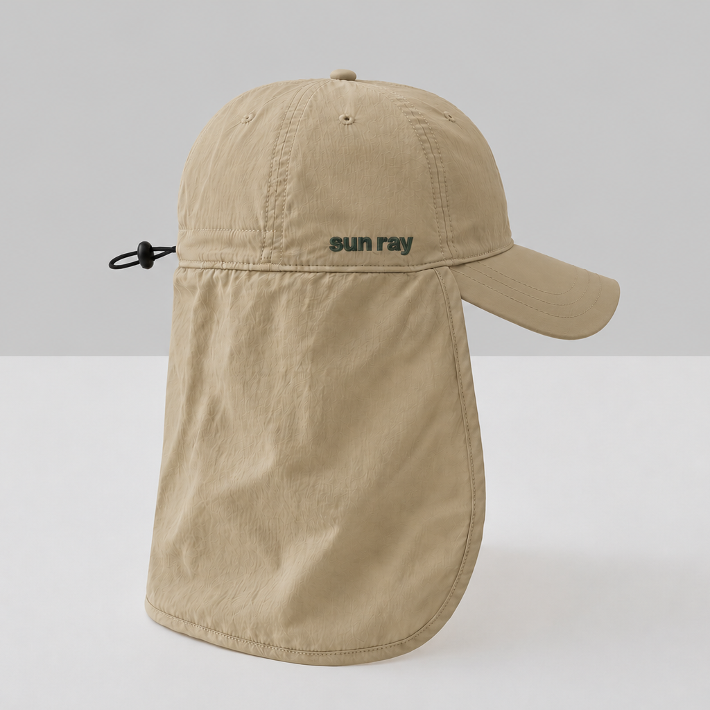A stone baseball cap with an attached neck flap and a small black drawstring, featuring the text 'sun ray' embroidered on the side.