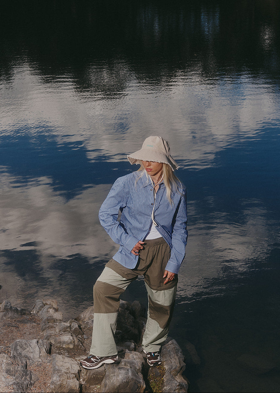 Frayed brim edge and aqua topstitching on Sun Ray UPF50+ cotton sun hat