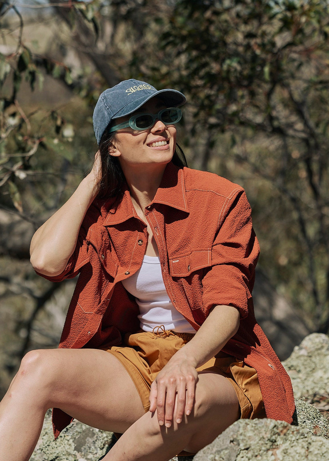 Person wearing Sun Ray UPF50+ sun protection seersucker overshirt sun shirt