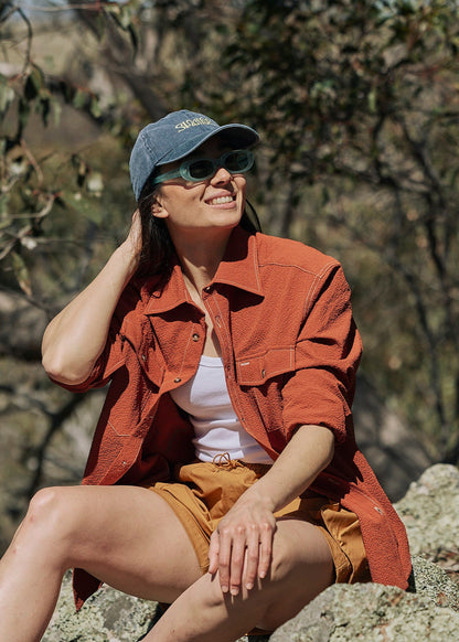 Person wearing Sun Ray UPF50+ sun protection seersucker overshirt sun shirt