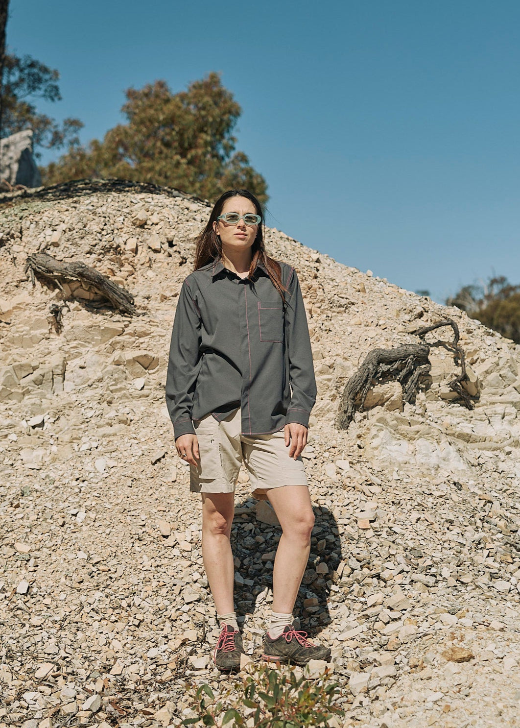 Person wearing a Sun Ray UPF50+ sun protection sun shirt charcoal