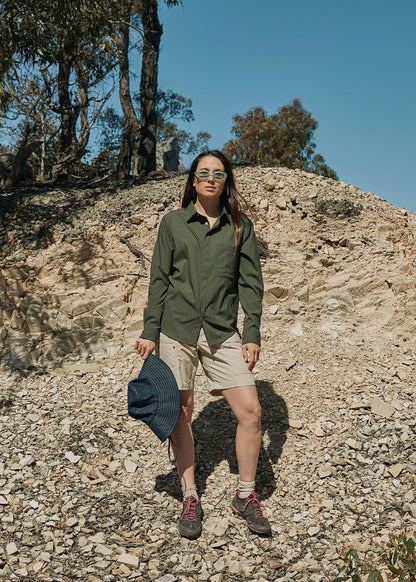 Person wearing olive green Sun Ray UPF50+ sun protection sun shirt