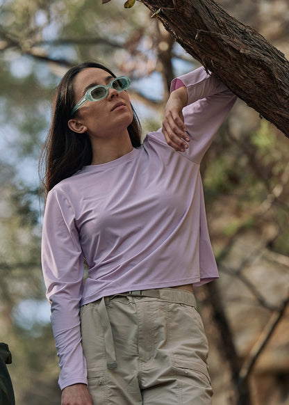 A sun smart woman wears the Sun Ray UPF50+ Sun Protection Clothing All G Long Sleeve Tee lilac boxy fit
