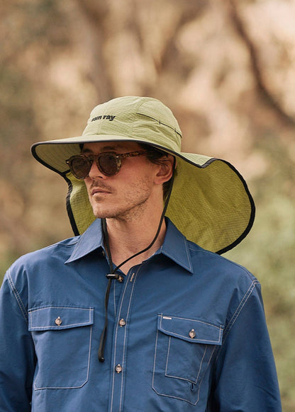 Person wearing a sun ray green sun protection UPF50+ seriously shady hat with neck cover