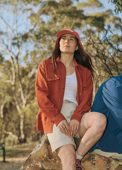 Person wearing Sun Ray UPF50+ sun protection seersucker overshirt sun shirt