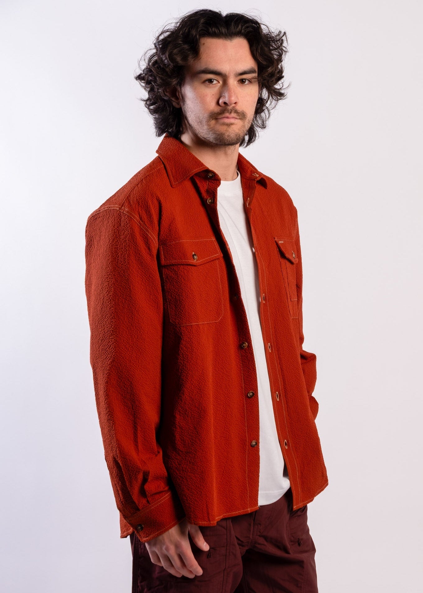 Person wearing Sun Ray UPF50+ sun protection seersucker overshirt