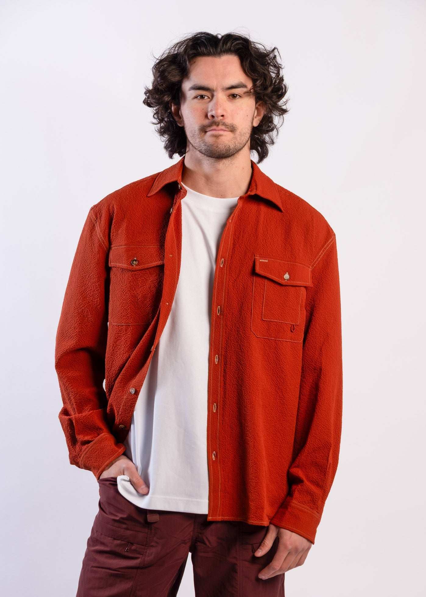 Person wearing Sun Ray UPF50+ sun protection seersucker overshirt