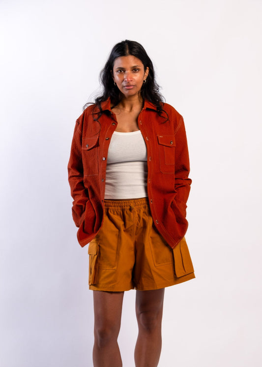 Person wearing Sun Ray UPF50+ sun protection seersucker overshirt