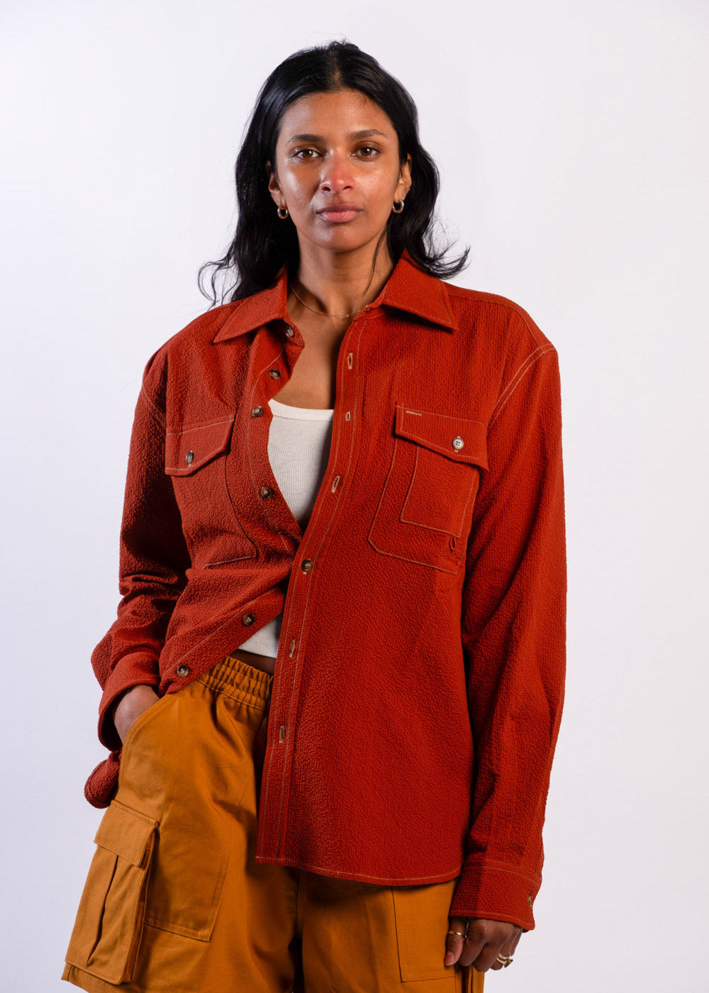 Person wearing Sun Ray UPF50+ sun protection seersucker overshirt