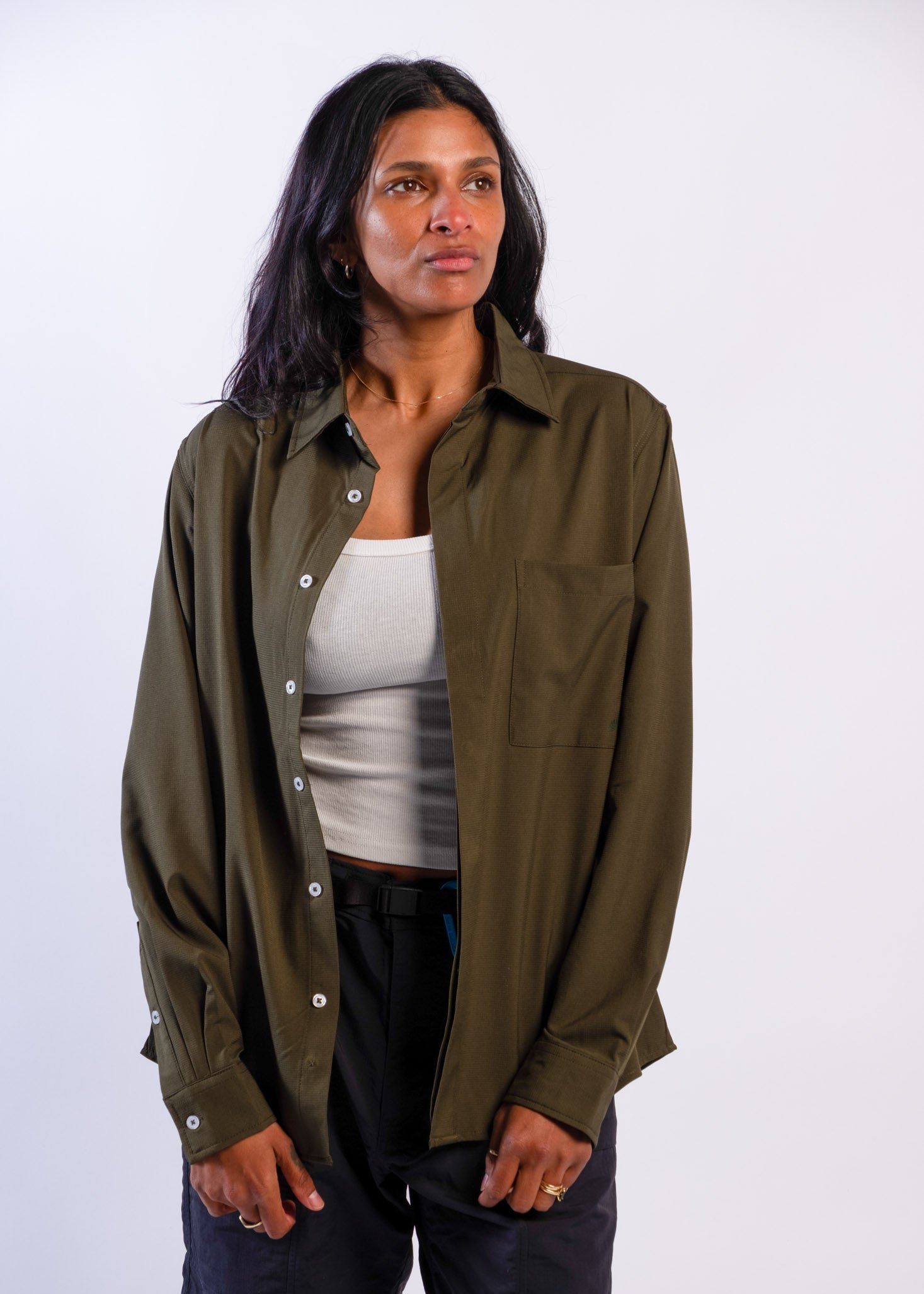 Person wearing olive green Sun Ray UPF50+ sun protection sun shirt