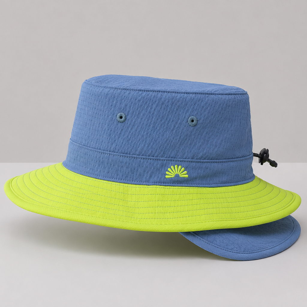 A kids blue wide-brim sun bucket hat with a bright neon yellow-green brim.