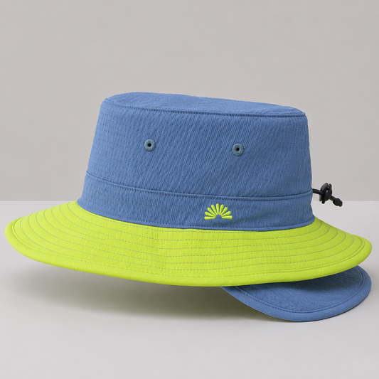 A kids blue wide-brim sun bucket hat with a bright neon yellow-green brim.