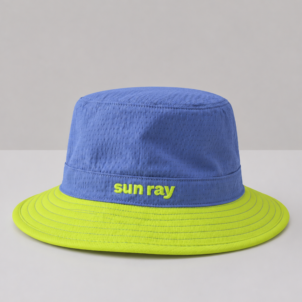 A kids blue wide-brim sun bucket hat with a bright neon yellow-green brim.