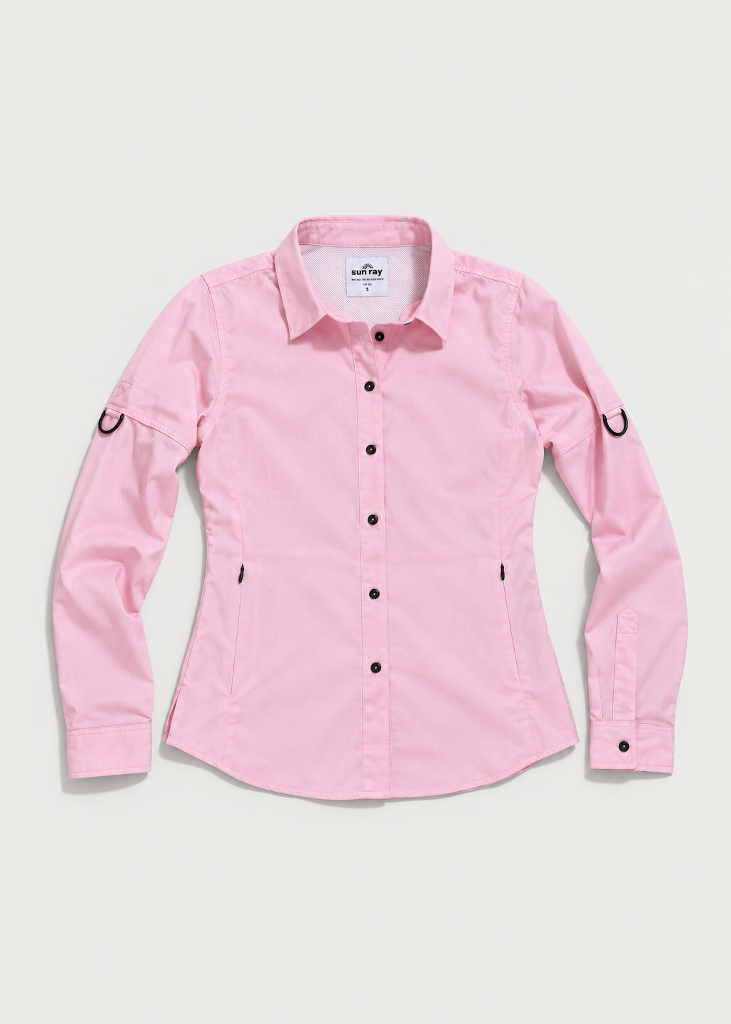 Woman wearing Sun Ray UPF50+ sun protection Breezy sun shirt in pink