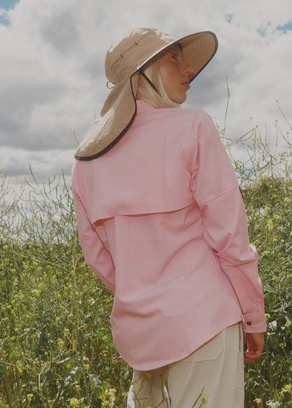 Back of Sun Ray UPF50+ women’s sun shirt with mullet brimmer hat