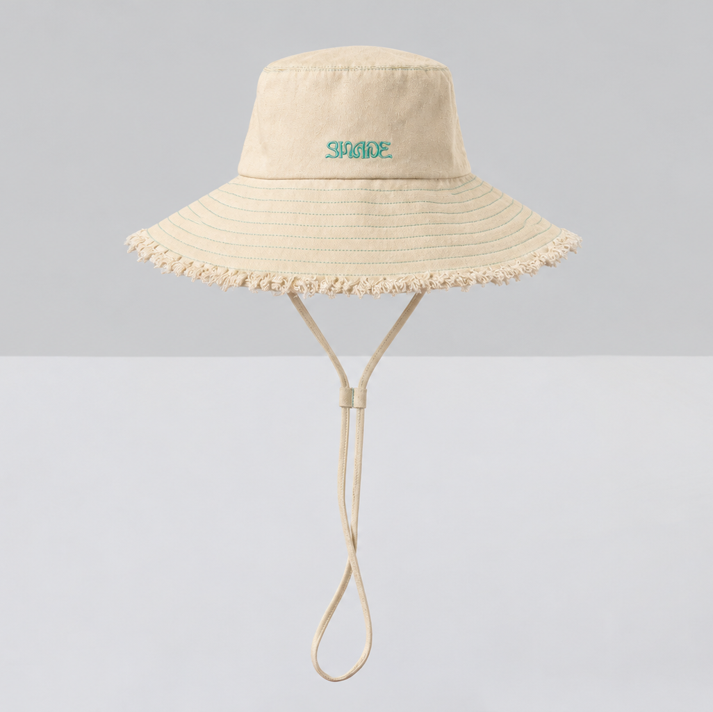 Sun Ray UPF50+ cotton wide brim sun hat in sand with Shade embroidery and chin strap
