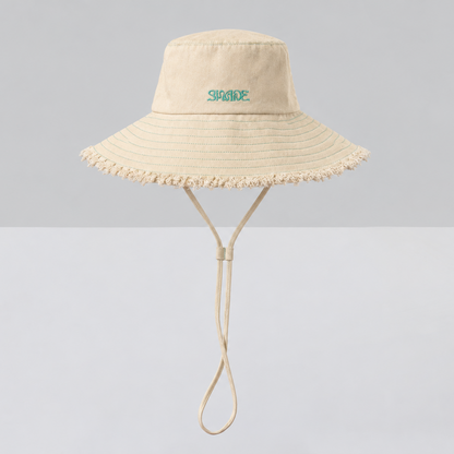 Sun Ray UPF50+ cotton wide brim sun hat in sand with Shade embroidery and chin strap