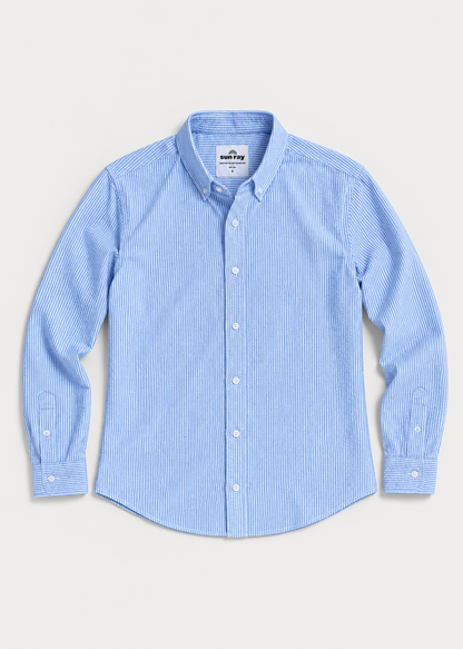 Sun Ray UPF50+ unisex seersucker beach shirt in blue and white stripe