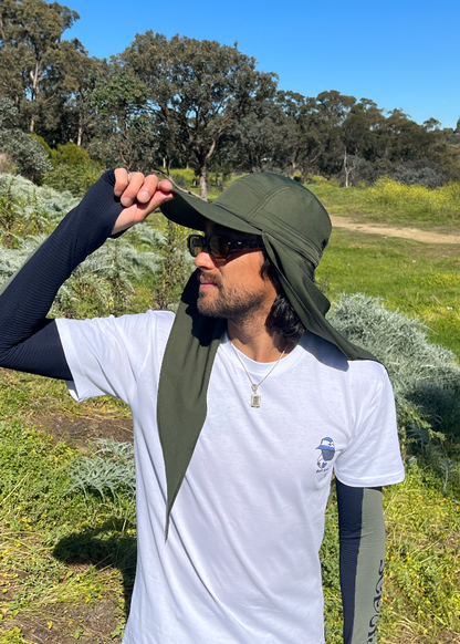 Man wearing Sun Ray UPF50+ scarf cap with neck scarf worn loose on a walking track