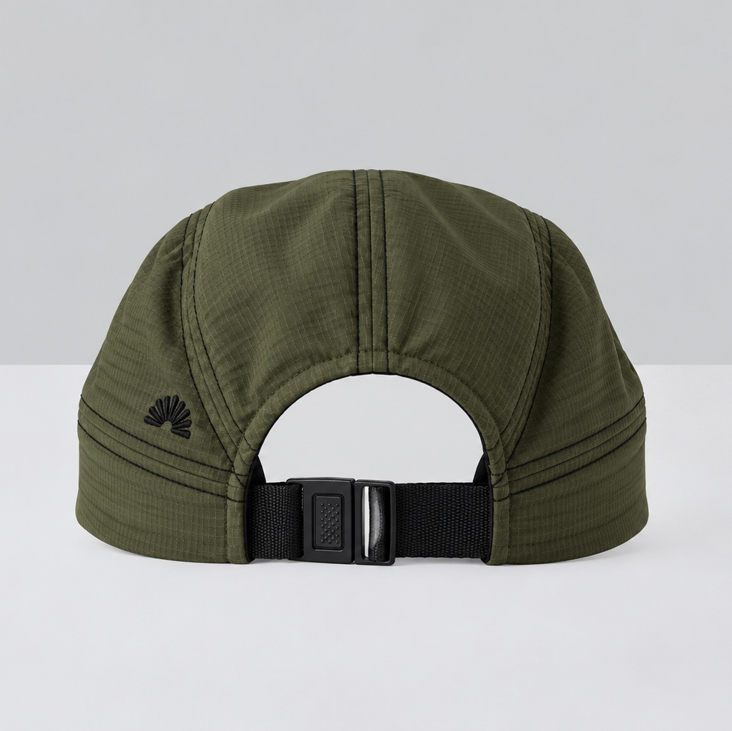 Back of Sun Ray UPF50+ cap showing quick-release buckle and sun logo