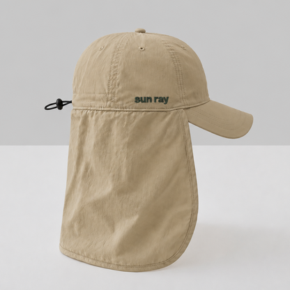 A stone baseball cap with an attached neck flap and a small black drawstring, featuring the text 'sun ray' embroidered on the side.