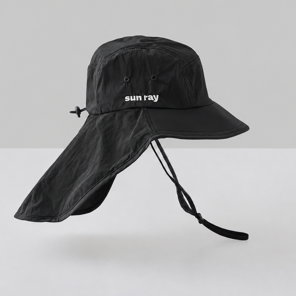 A black wide-brim sun hat with a neck flap and chin strap, featuring the silver text 'sun ray'.