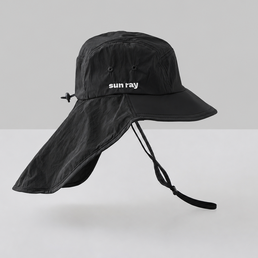 A black wide-brim sun hat with a neck flap and chin strap, featuring the silver text 'sun ray'.