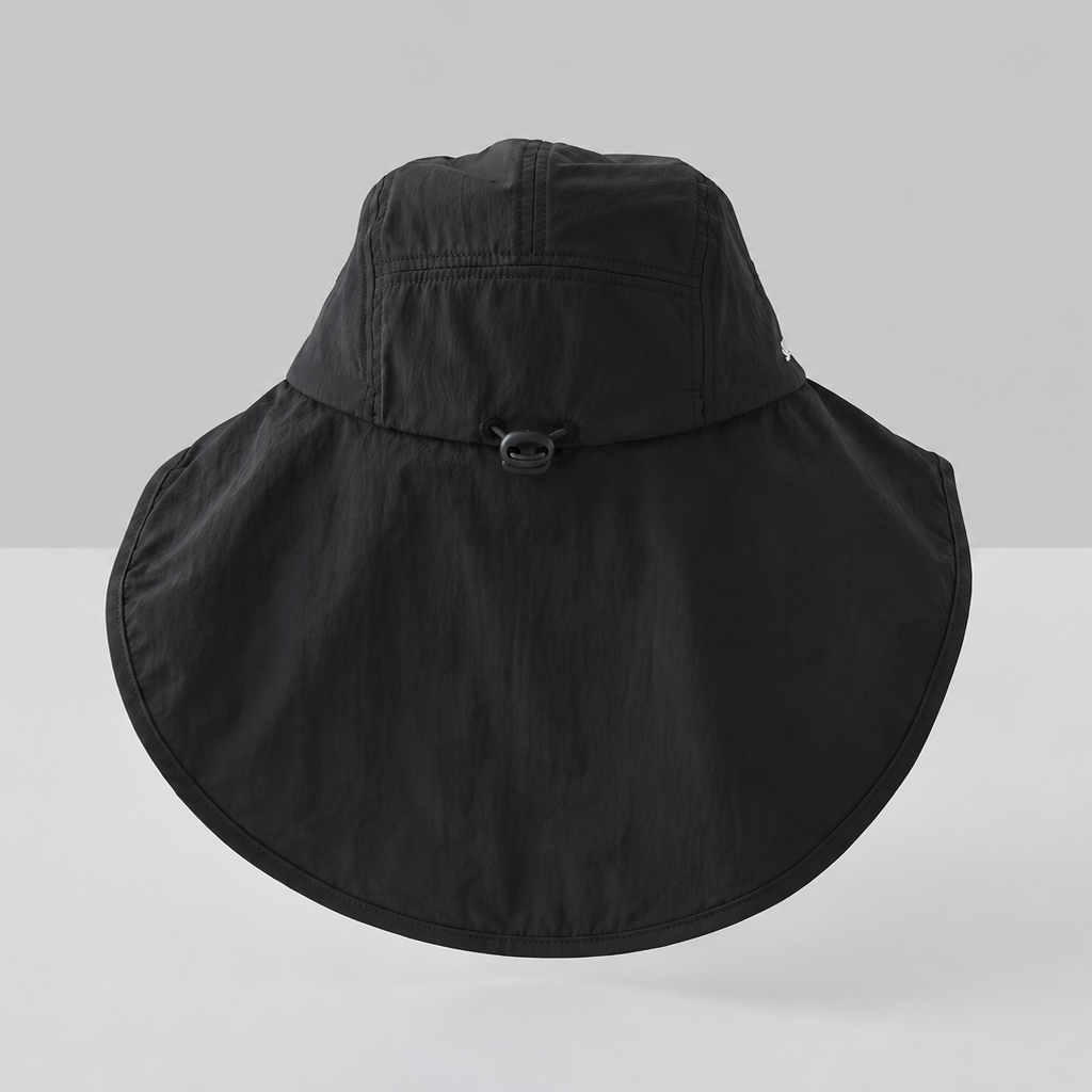 A black wide-brim sun hat with a neck flap and chin strap, featuring the silver text 'sun ray'.