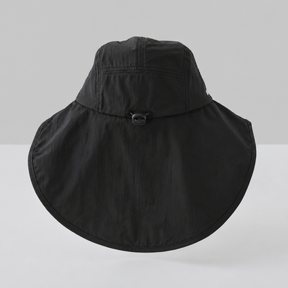 A black wide-brim sun hat with a neck flap and chin strap, featuring the silver text 'sun ray'.