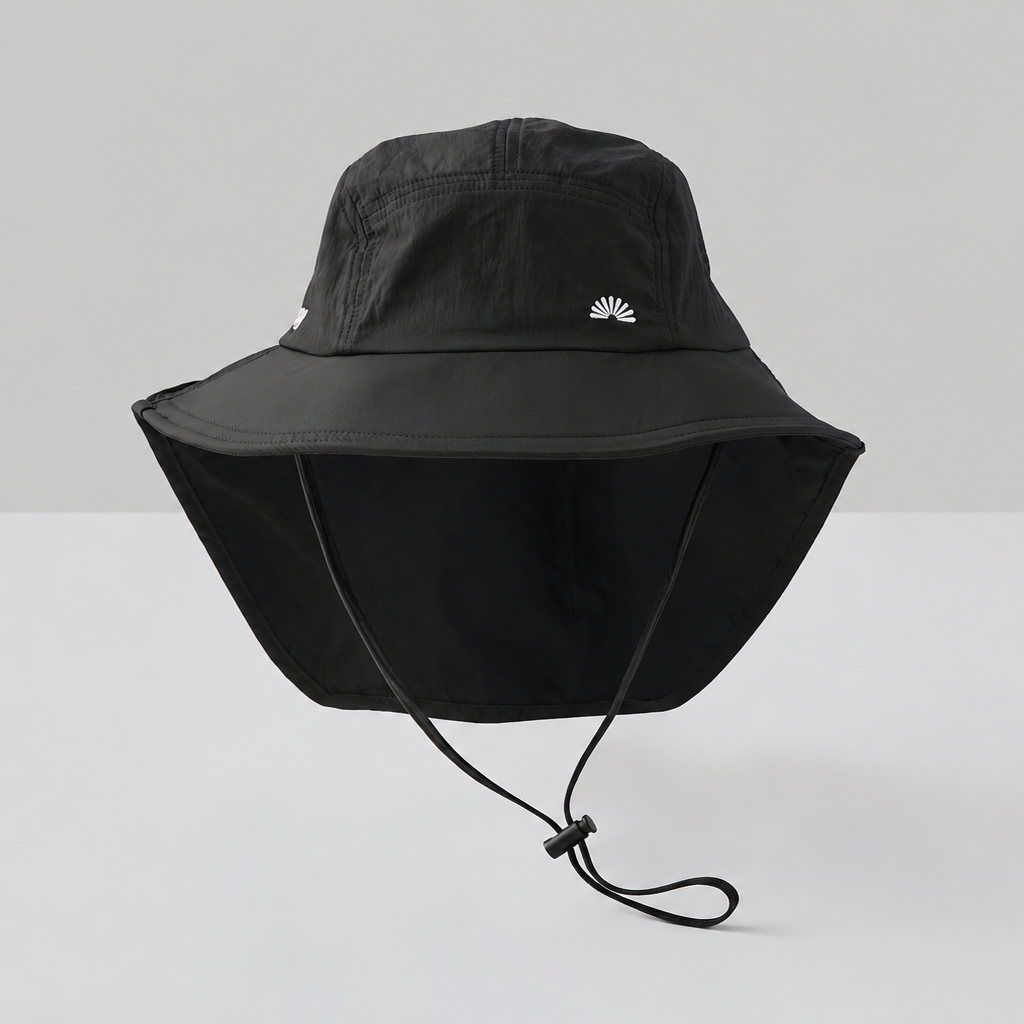 A black wide-brim sun hat with a neck flap and chin strap, featuring the silver text 'sun ray'.