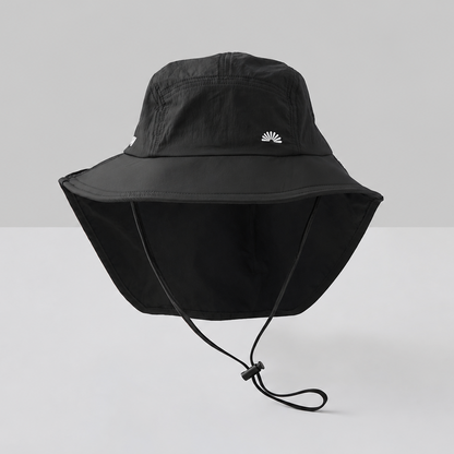 A black wide-brim sun hat with a neck flap and chin strap, featuring the silver text 'sun ray'.