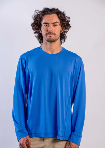 Sun smart man in Sun Ray UPF50+ Sun Protection Clothing All G Long Sleeve Tee True Blue