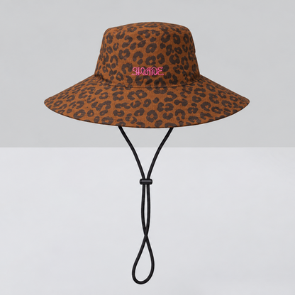 Sun Ray UPF50+ wide brim beach hat in leopard print with pink Shade embroidery