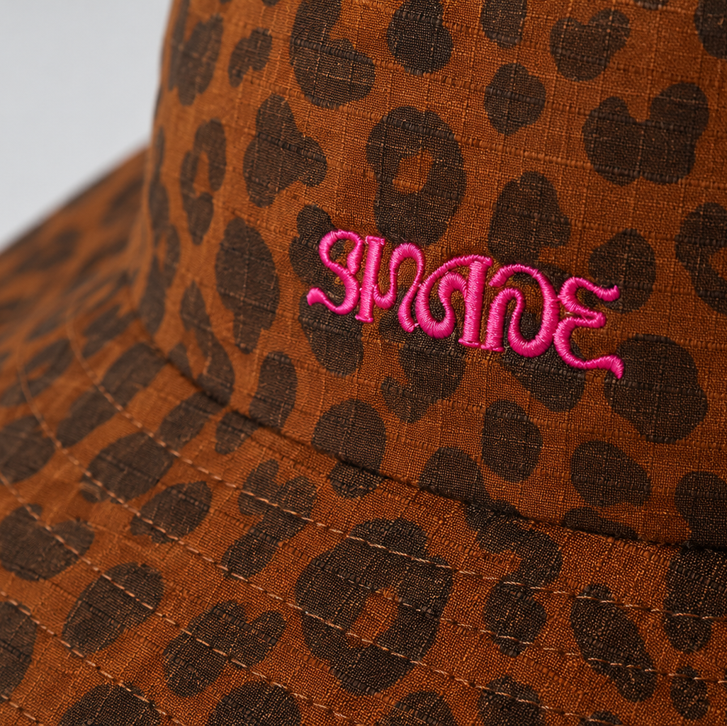 Sun Ray UPF50+ wide brim beach hat in leopard print with pink Shade embroidery