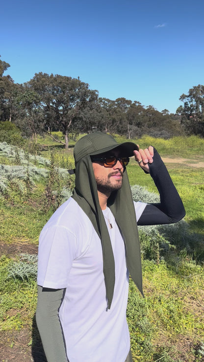 Man wearing Sun Ray UPF50+ scarf cap with neck scarf worn loose on a walking track